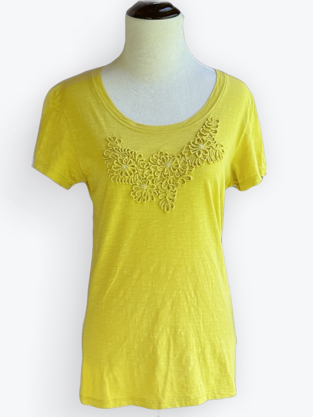 Feminine Whimsical Appliquéd Floral Boho Festival Pima Cotton Yellow Tee ~ S